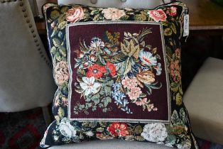 A large floral tapestry square feather-filled cushion, velvet backed, 60 x 60 cm