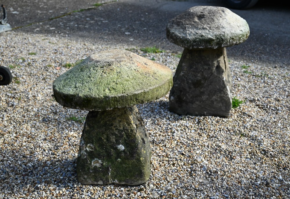 Two antique weathered cut stone low staddle stones, 65 cm and 55 cm high (2) - Image 3 of 3