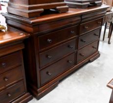 A modern stained hardwood chest with eight drawers, turned handles and low bracket feet, 150 x 55