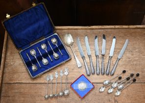 A cased set of six seal-top coffee spoons, Sheffield 1936, to/w six coffee spoons with bean