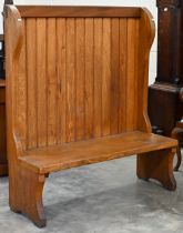 A stained hardwood hall bench/settle with high slatted back 120 cm wide x 45 cm deep x 136 cm high