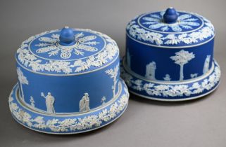 Two 19th century Jasper slip cheese dishes and covers applied with classical cameos - one dark blue,