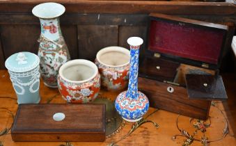 A Cantonese porcelain famille rose-palette  vase, 25cm high, to/w two near-matched Japanese