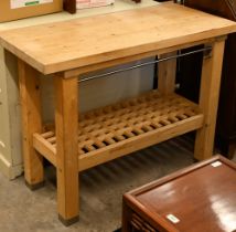 A modern beech kitchen island prep table with slatted undertier, 120 cm wide x 53 cm deep x 90 cm