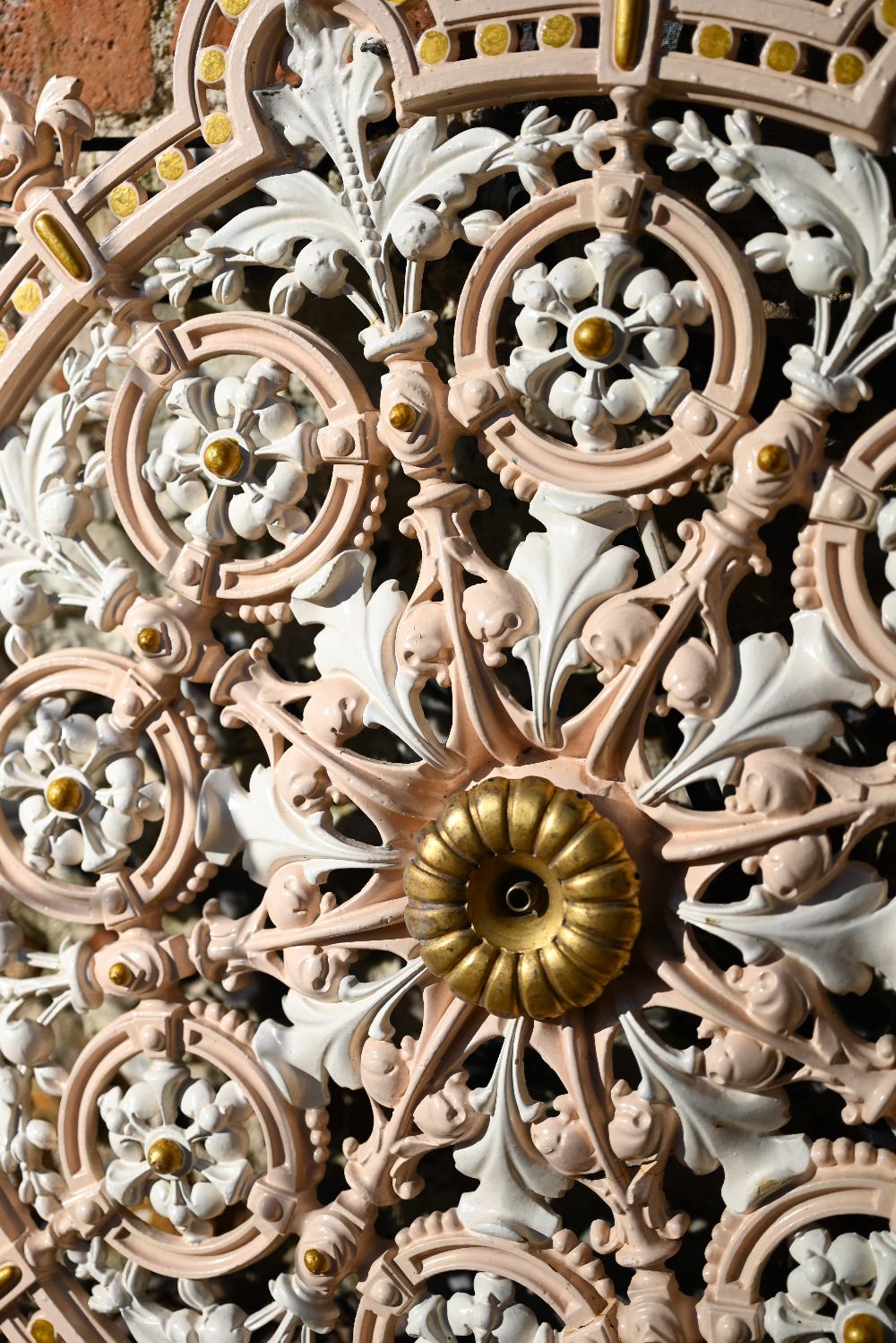 A Victorian style cast iron and painted, circular cast iron ceiling rose to/with a trio of reclaimed - Image 5 of 6