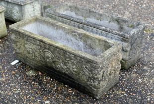 A pair of weathered cast stone garden trough planters (2)