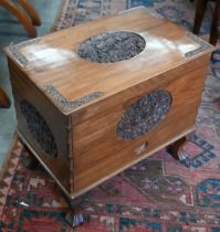 An Indian hardwood sewing/work box with carved floral decoration, 44 x 28 x 40 cm high