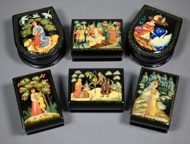 Six Russian Fedoskino Palekh style small boxes with painted decoration