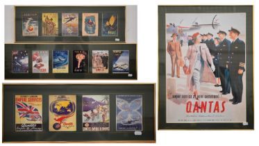 A set of three framed postcard sets relating to Quantas and BOAC airlines, to/w a small poster print