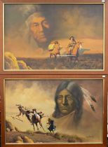 H K Kang - Two Native American portrait/figurative studies, oil on canvas, signed, 60 x 90 cm (2)