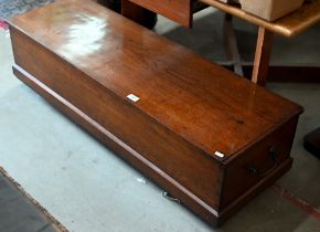 An antique low hardwood brass handled trunk on casters, 112 cm wide x 37 cm deep x 30 cm high