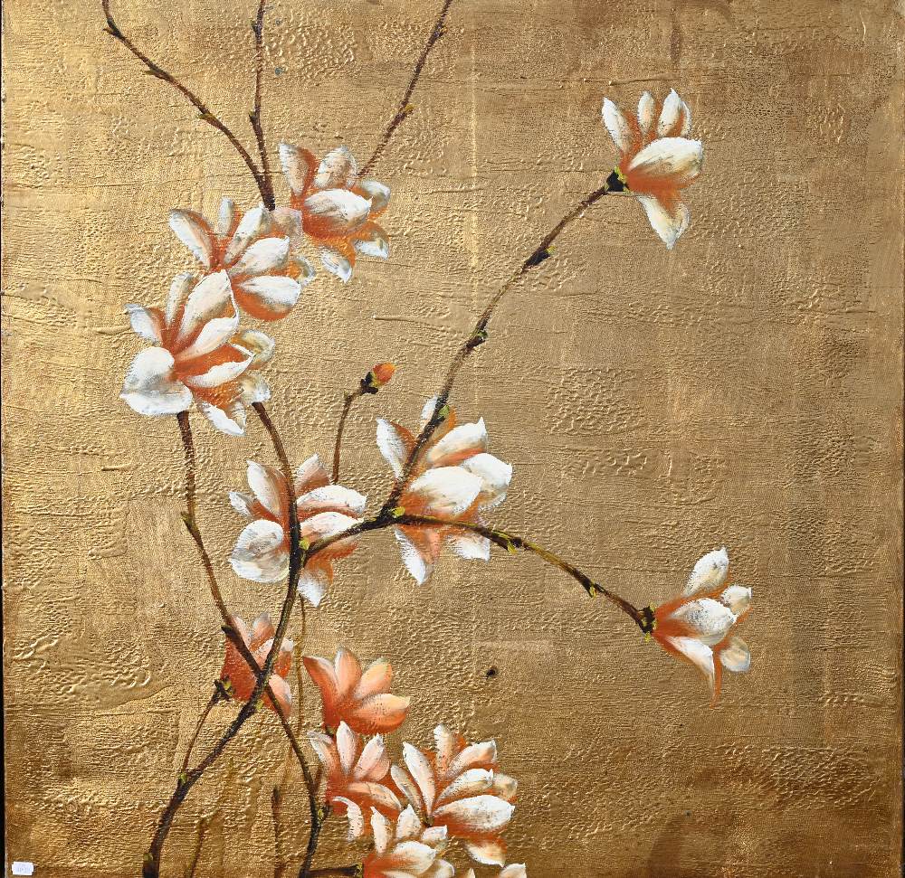 Two large modern oil on canvas studies of flowering branches on gilded background, 101 x 101 cm to/w - Image 6 of 10