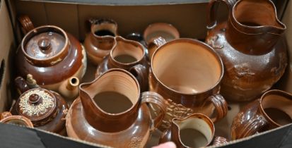 Various 19th century Doulton stoneware including tea ware, mugs, beer jugs, loving cup etc (2 boxes)