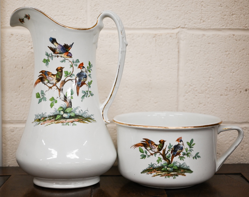 A Newport pottery (Burslem) ewer, basin and chamberpot set, printed with birds - Image 2 of 5