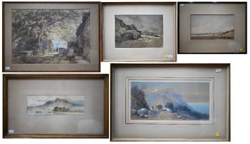 Five Victorian watercolours - E W Cooke - 'On the Cornish Coast', signed and dated 1865, 17 x 25 cm;