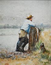 Albert W Holden (1848-1942) - 'Creekson Ferry', man leaning on post, watercolour, signed with