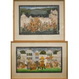 Two modern Moghul-type watercolours featuring palaces and processions, 35 x 47 cm (2)