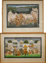 Two modern Moghul-type watercolours featuring palaces and processions, 35 x 47 cm (2)