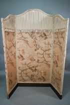A late 19th century fabric panelled three fold arched dressing screen (as found)