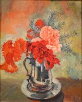 R Elgar - Still life study with begonias in a tankard, oil on canvas, signed upper right, 50 x 39