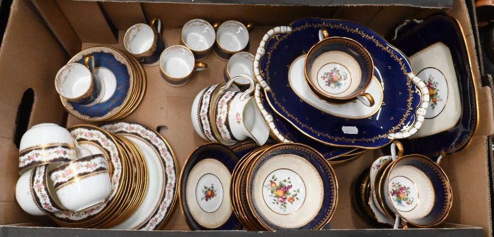 An Aynsley blue and gilt-bordered tea service with floral printed decoration to/w a similar Coalport