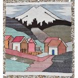 A South American Ecuador folk art wool pictorial rug, with a mountainous village landscape design in