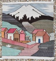 A South American Ecuador folk art wool pictorial rug, with a mountainous village landscape design in