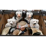 Four Royal Doulton large character jugs and two pairs of Staffordshire pottery spaniels (box)