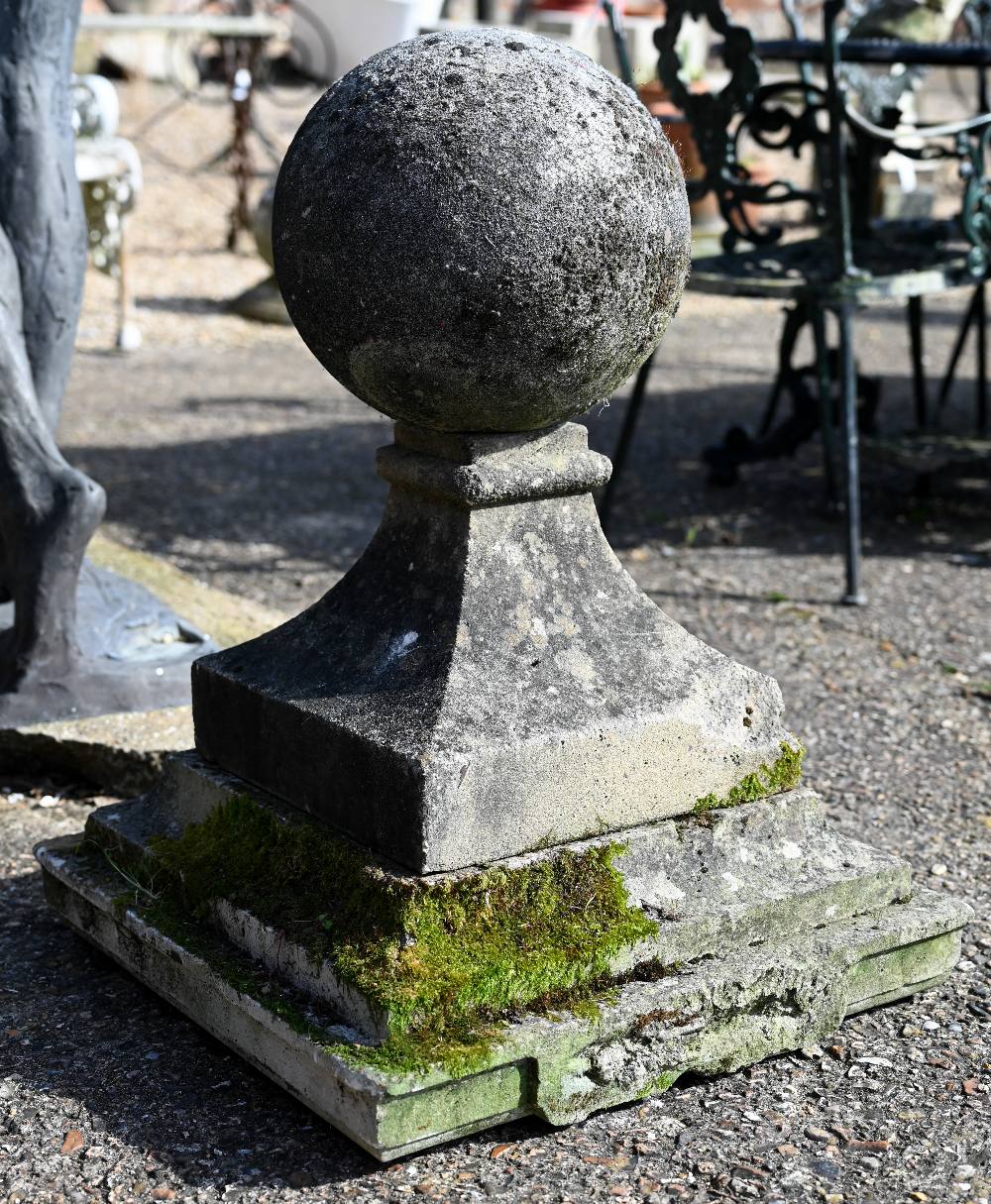 A large pair of antique weathered cast stone ball finial pier caps, raised on tapering form square - Image 3 of 7