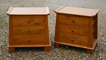 A pair of Chinese influenced hardwood three drawer chests, 68 x 48 x 70 cm