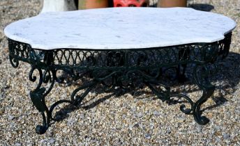 An ornate marble top coffee table with green painted cast/wrought iron base, 127 cm x 72 cm x 47