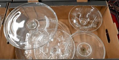 A pair of Webb Corbett cut glass comports, to/w two pressed glass comports and a large platter