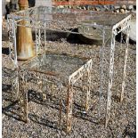 A vintage wrought steel glass top garden table, 87.5 cm x 49.5 cm x 77 cm h to/with another