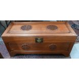 George Zee & Co (Hong Kong) - a mid century Chinese camphorwood trunk with decorative fret cut