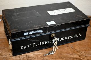 A japanned tin strong box, painted for Capt R Jukes-Hughes RN, 41 x 23 x 13 cm