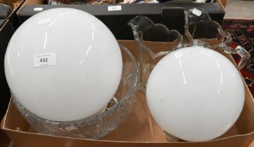 A large cut glass bowl, 30 cm diam, to/w two opaque glass globular shade ceiling lights and two