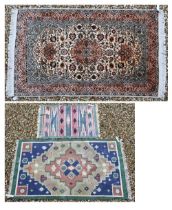 An Indian part silk floral rug, 165 x 93 cm to/w two geometric design kelims, 96 x 63 cm and 161 x