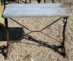 A Victorian cast iron trestle table with associated marble top, 85 cm x 57 cm x 67 cm h