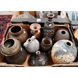 Ten various studio pottery vases, bowls and jars (box)
