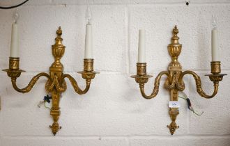 Two cast brass Adam-style twin-branch wall lights, 38 cm high