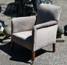 An Edwardian sage green dralon upholstered small armchair, on square tapering legs, a/f