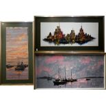 Paul Mann - Moored yachts, oil on canvas, signed, 40 x 80 cm; to/w two watercolour studies,