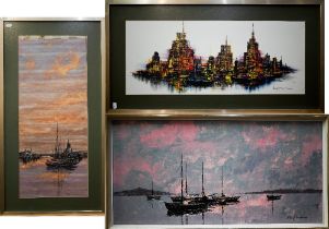 Paul Mann - Moored yachts, oil on canvas, signed, 40 x 80 cm; to/w two watercolour studies,