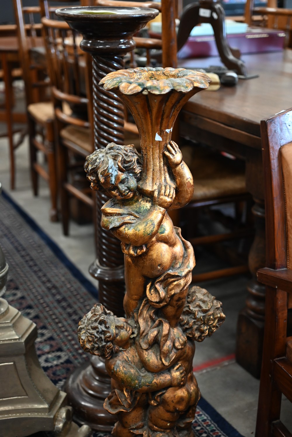 A composite cherub torchere stand to/w two other torchere stands; one spiral turned mahogany and one - Image 2 of 4