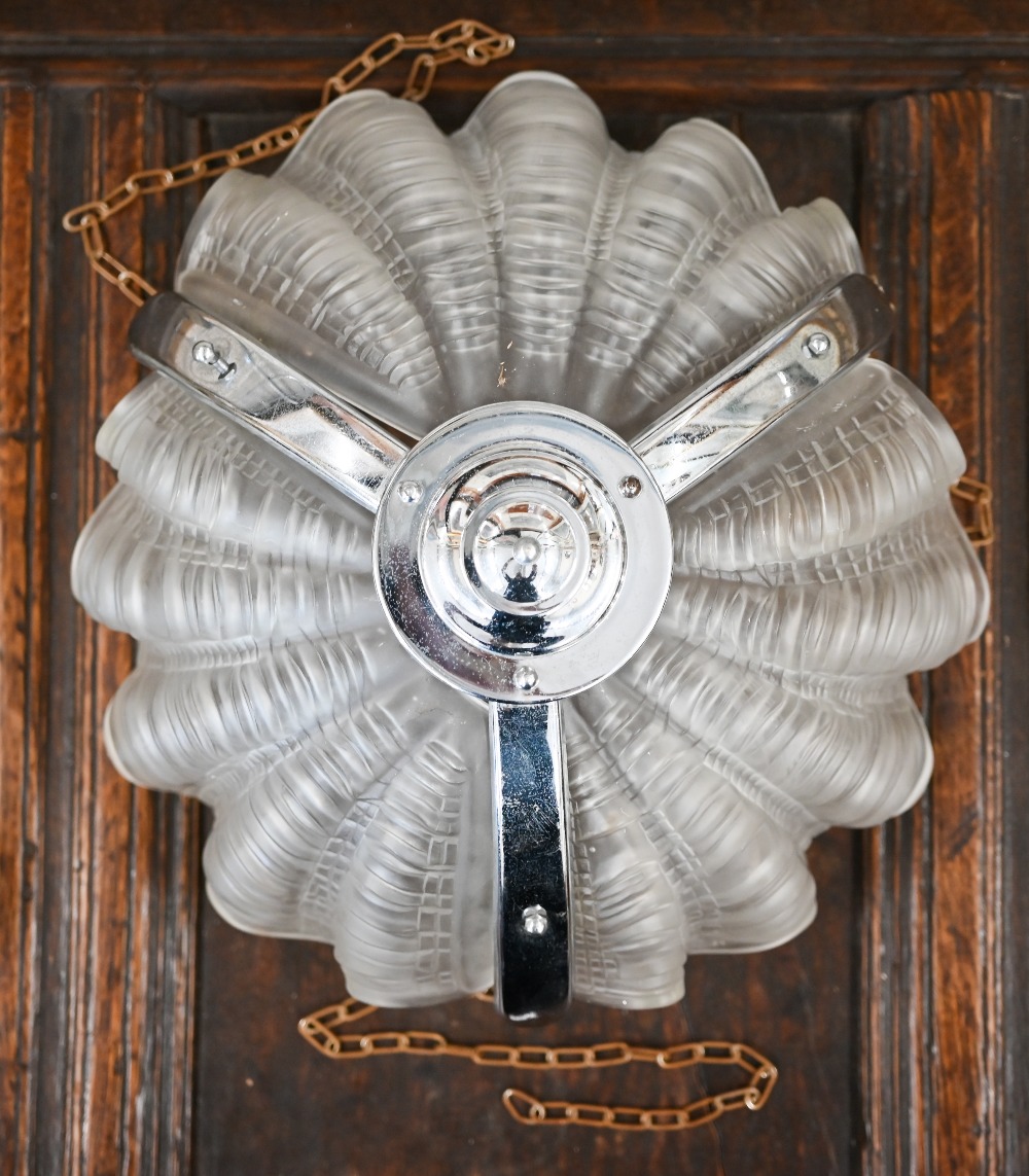 An Art Deco chrome and glass ceiling lightshade with frosted shell segments, to/w two other shell - Image 5 of 5