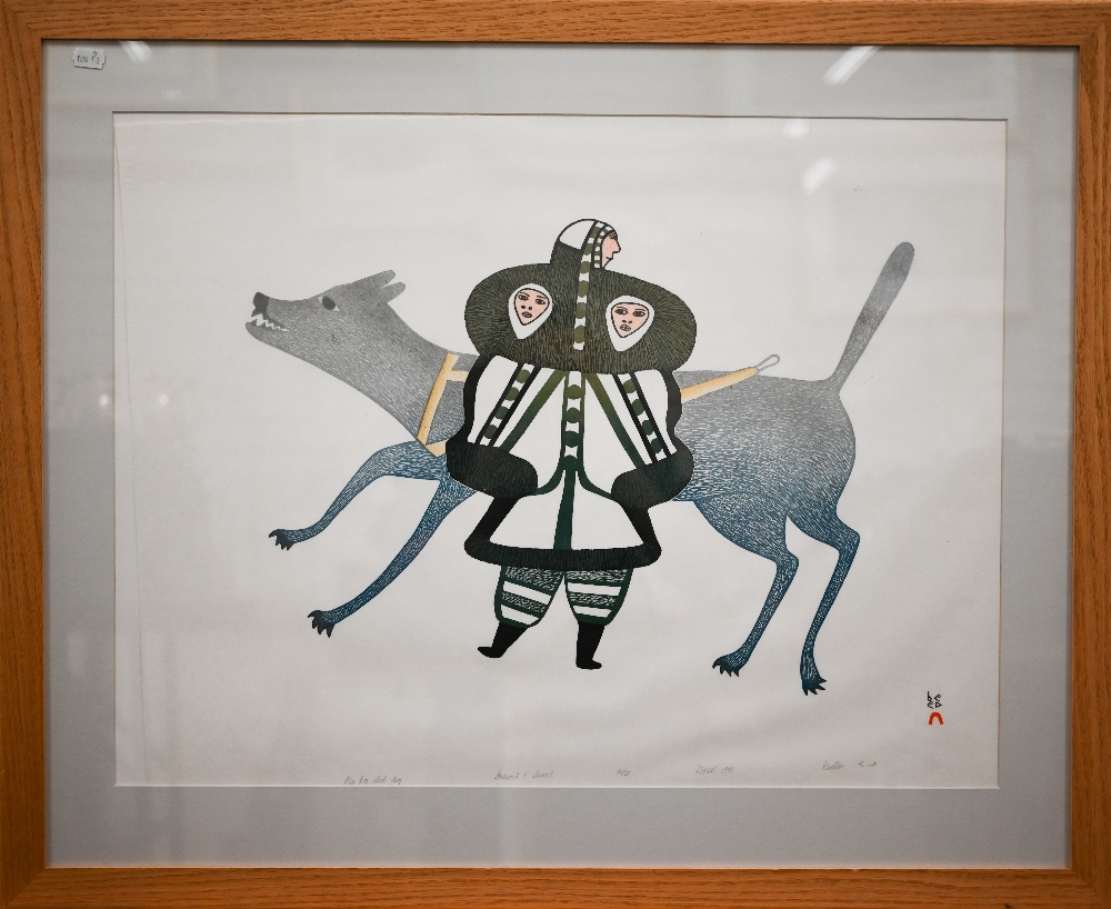 Pudlo Pudat - My big sled dog, stonecut and stencil print, signed and dated 1990, 52 x 69 cm - Image 2 of 4