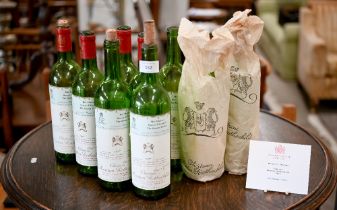 Nine bespoke (empty) bottles of Chateau Mouton Rothschild, Pauillac 1977, supplied to HM Queen