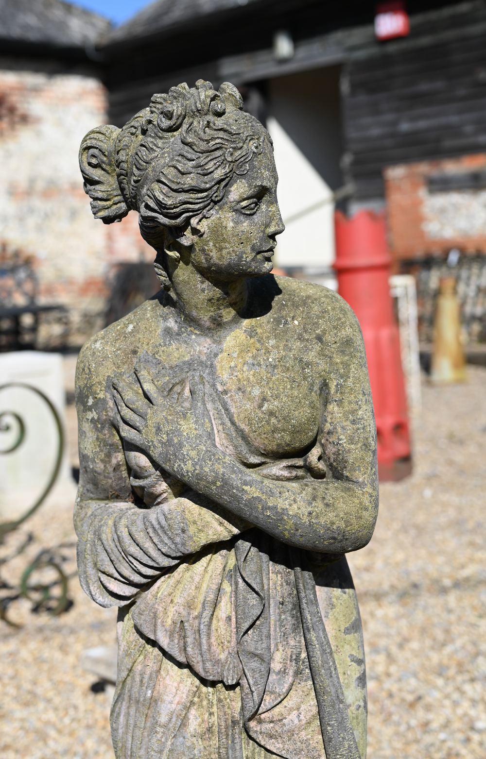 A classically styled weathered cast stone garden figure, 117 cm h - Image 3 of 5