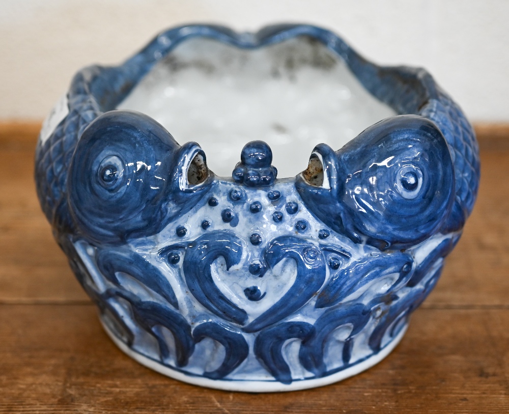 An Asian ceramic bowl decorated with carp, 13 cm high to/w a pair of epns baluster candlesticks (3) - Image 3 of 4