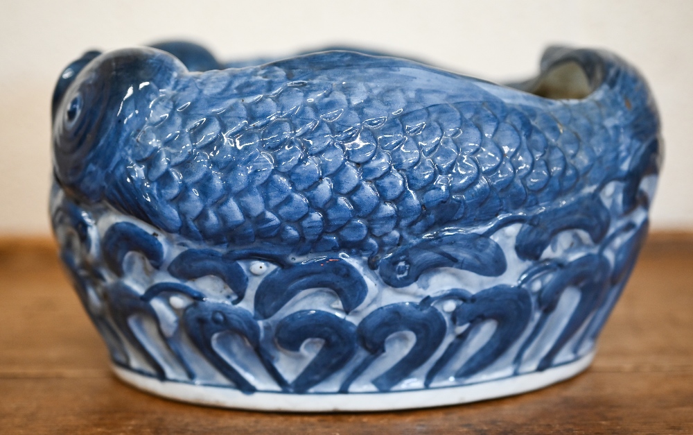 An Asian ceramic bowl decorated with carp, 13 cm high to/w a pair of epns baluster candlesticks (3) - Image 4 of 4